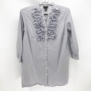 Lane Bryant mini striped ruffled front tunic top blue grey white Officewear